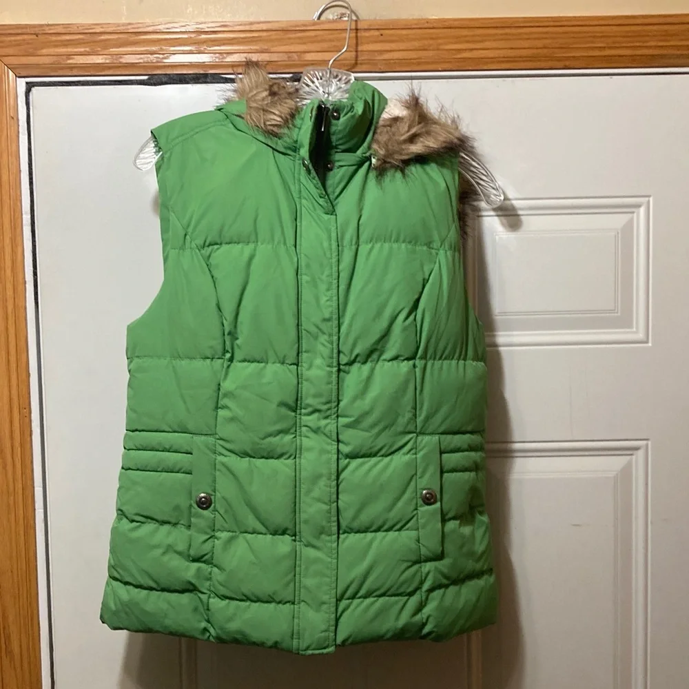 Green‎ Quilted Faux Fur Trim Puffer Vest S